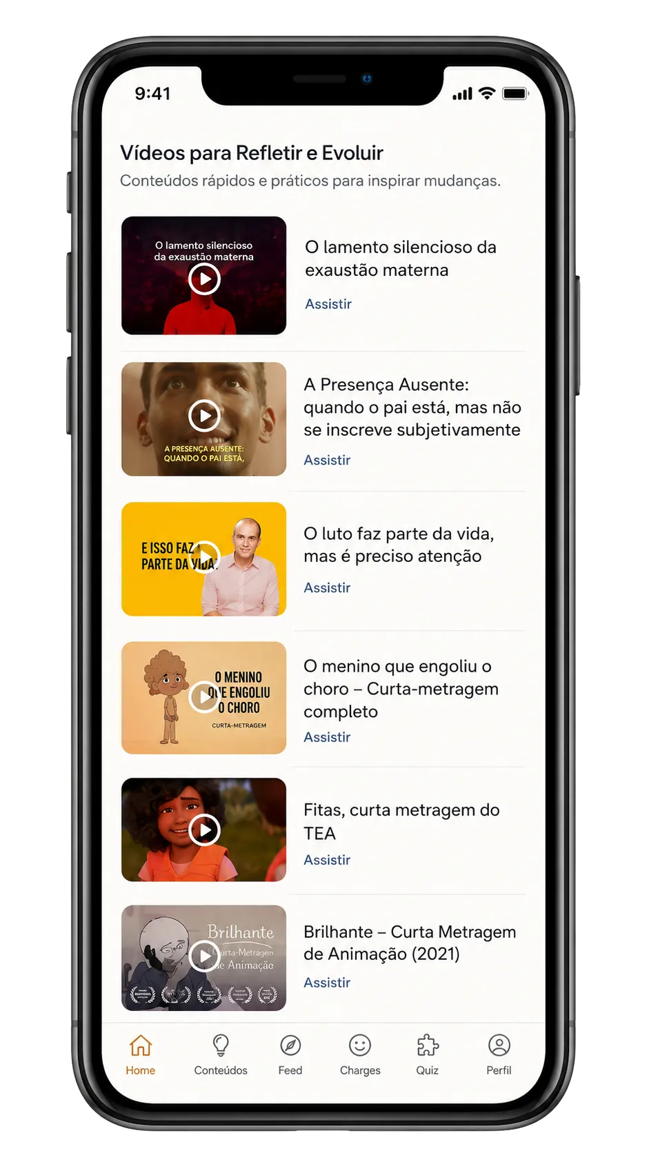 Tela do app — Vídeos educativos